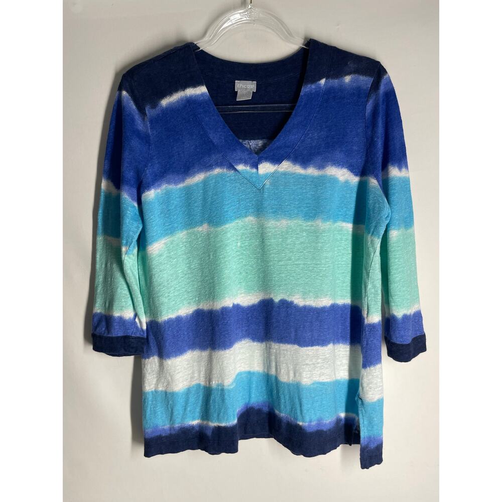 Chico's Cool Tie Dye Striped Linen 3/4 Sleeve Blouse Top Size 1 US Medium